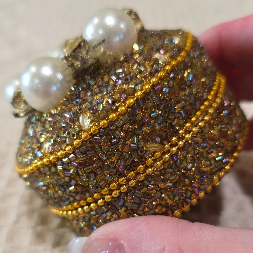 Vintage Gold Bead Pearl & Rhinestone Encrusted Metal Trinket Gift Vanity Box